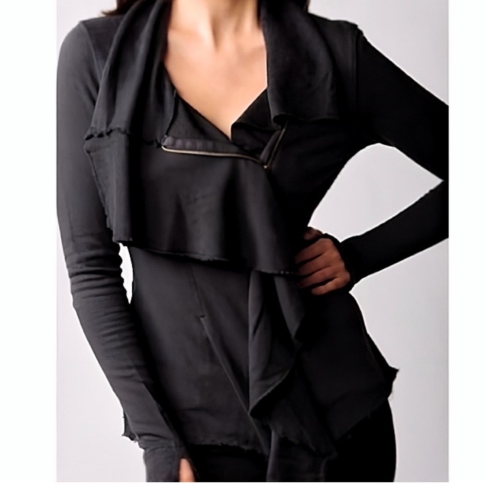 We The Free - Ebb & Flow Black Ruffle Front, Asymmetrical Zip Up Jacket